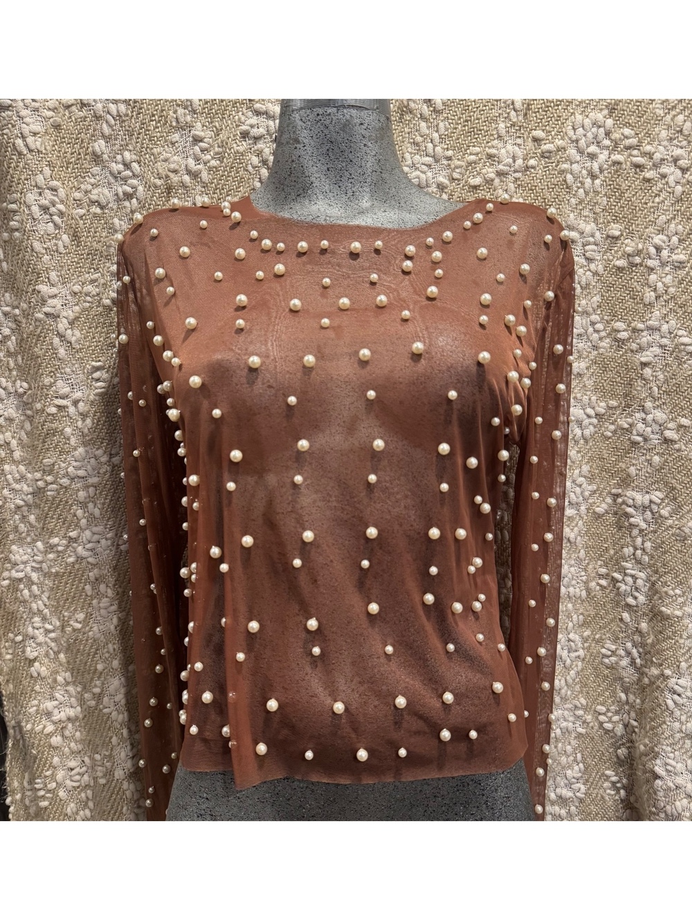 cropped top with pearls and long sleeves; pearl-embellished Sz L